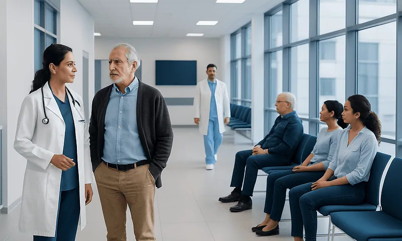 Medical team consulting patients in a hospital corridor.