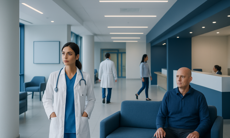 Medical staff and patient in a modern hospital waiting area.