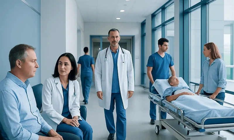 Medical team consulting in a hospital corridor with patient on bed.