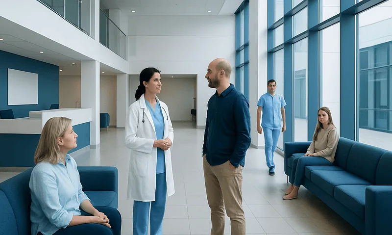 Medical staff and patients in a modern hospital lobby.