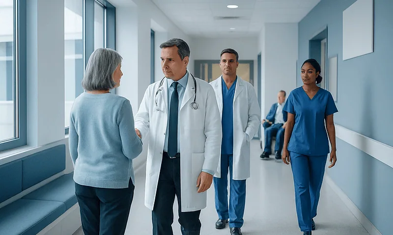 Medical team consulting patient in hospital corridor at Acibadem Hospitals Group.
