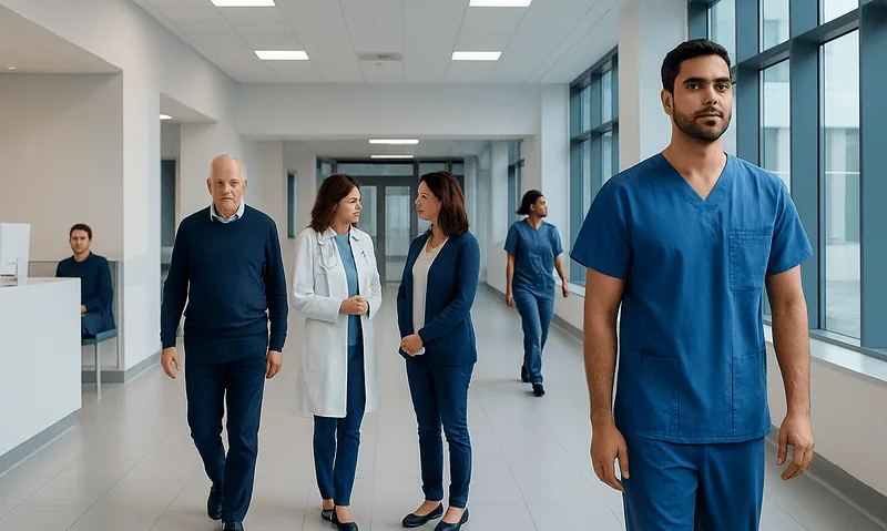 Medical team in hospital corridor with healthcare professionals and a nurse in blue scrubs.