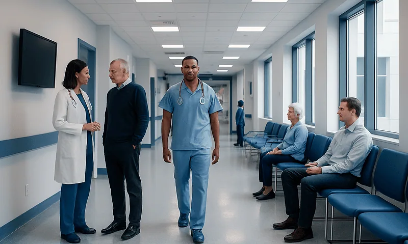 Healthcare professionals and patients in a hospital corridor.