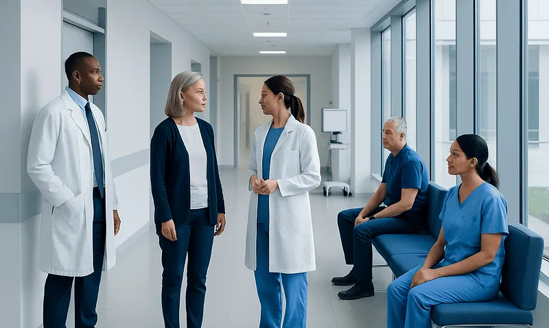 Medical team discussing patient care in hospital corridor.