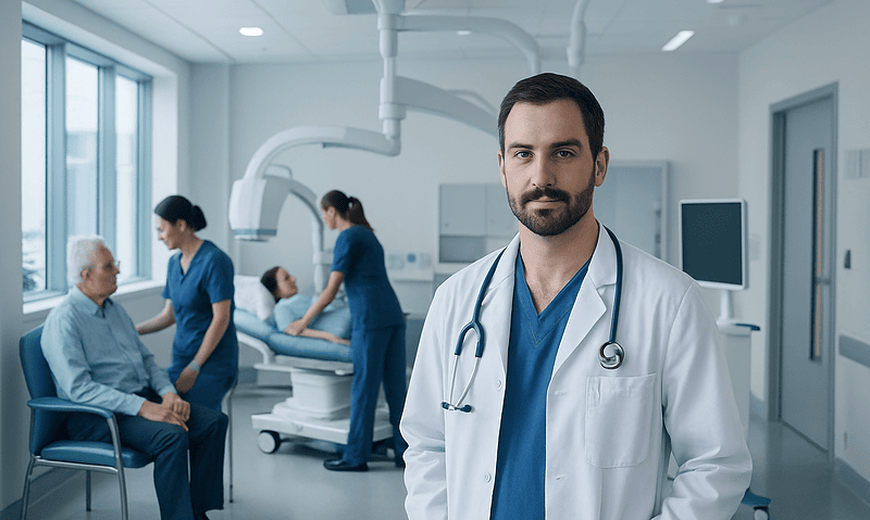 Doctor in a hospital with patients and medical staff in the background.