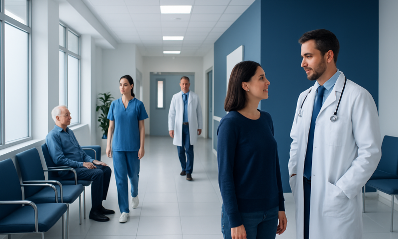 Medical team consulting with patient in hospital corridor.