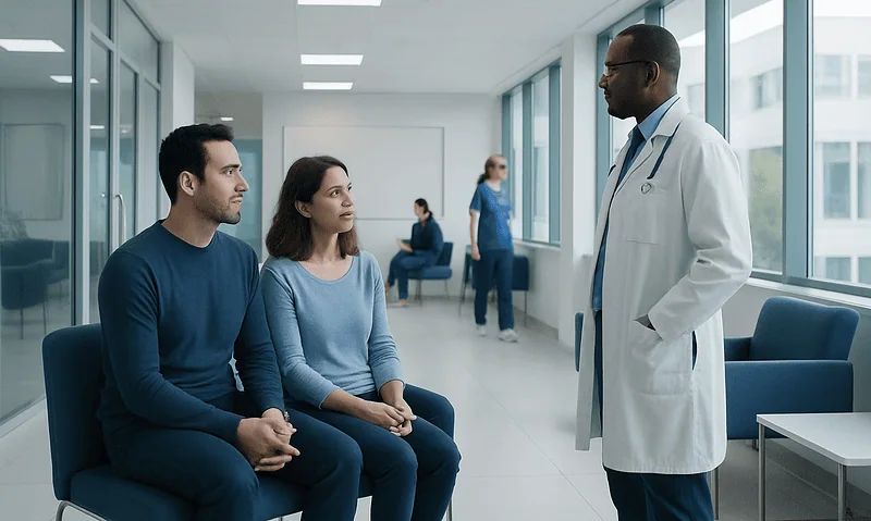 Doctor consulting with couple in a hospital corridor.