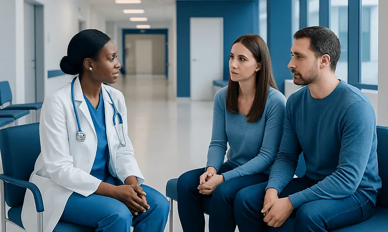 Doctor consulting with a couple in a hospital corridor.