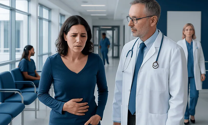 Doctor consulting a woman with abdominal pain in hospital corridor.