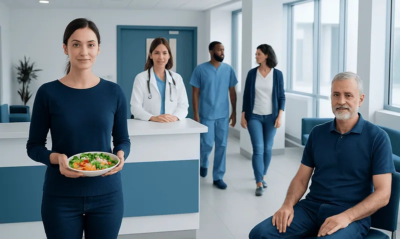 Healthy patient consultation at Acibadem Hospital with medical staff and a nurse holding a salad.