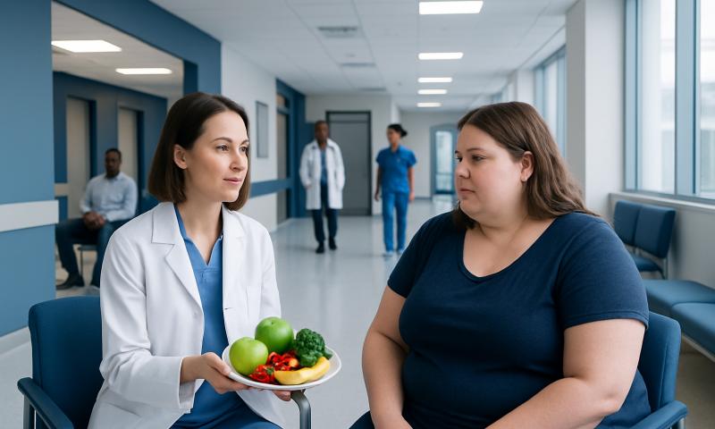 Doctor offering healthy food options to a patient in a hospital corridor.