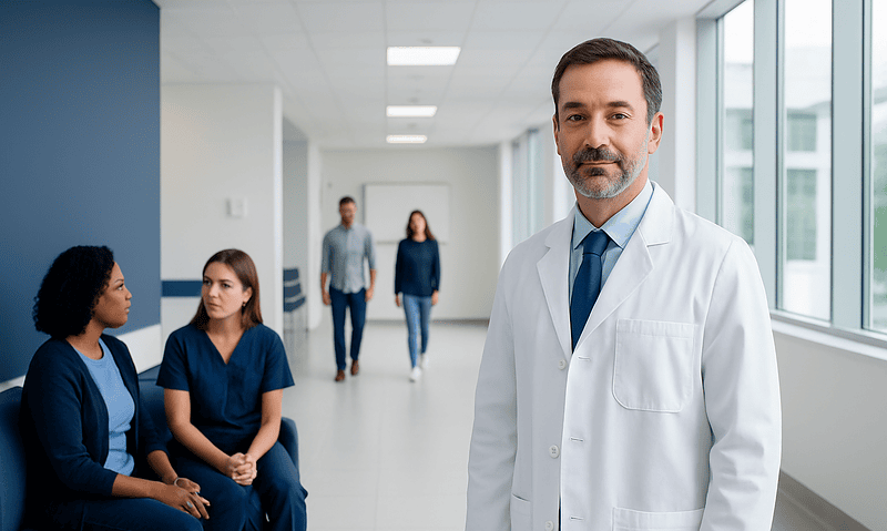 Medical team at Acibadem Hospitals Group in a modern clinic corridor.