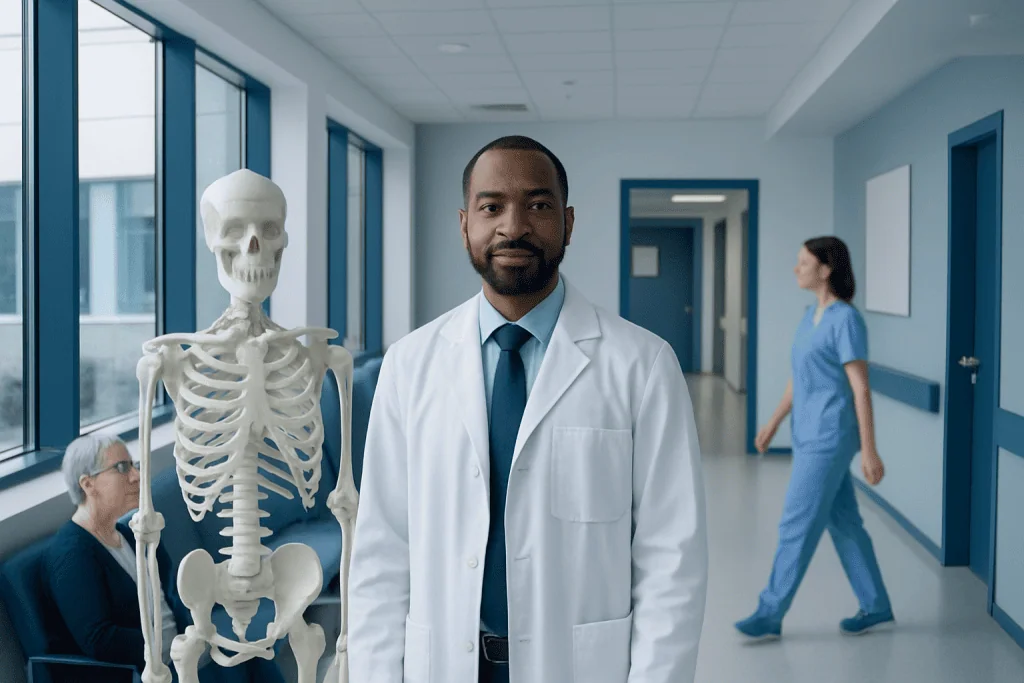 What Does a Bone Doctor Treat? A Patient Guide to Orthopedic Specialists 1 Orthopedic doctor with skeleton model in hospital corridor.