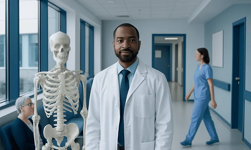 Orthopedic doctor with skeleton model in hospital corridor.