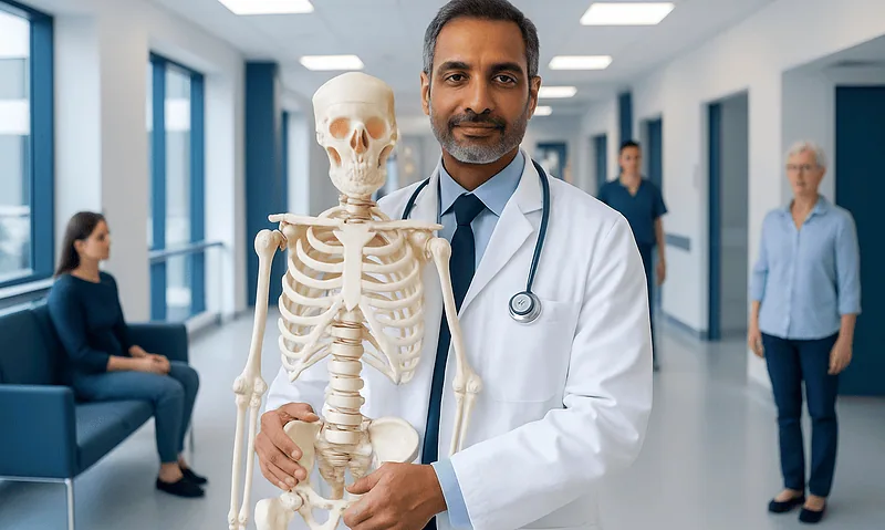 Doctor holding a skeleton model in a hospital corridor.