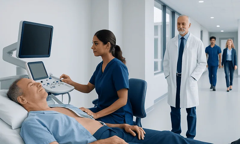 Patient undergoing echocardiography in a hospital setting.
