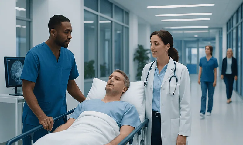 Medical team preparing patient for cerebral angiogram in hospital corridor.