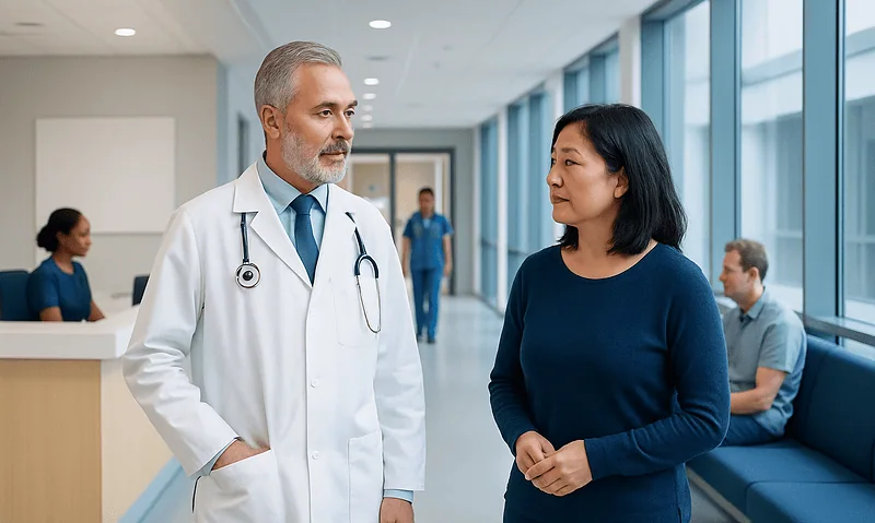 Doctor and patient having a discussion in a hospital corridor.