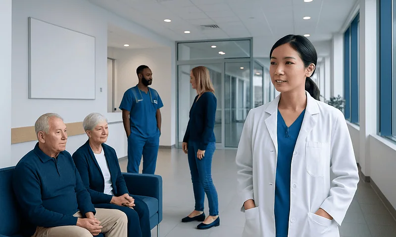 Healthcare professionals and patients in a modern hospital corridor.