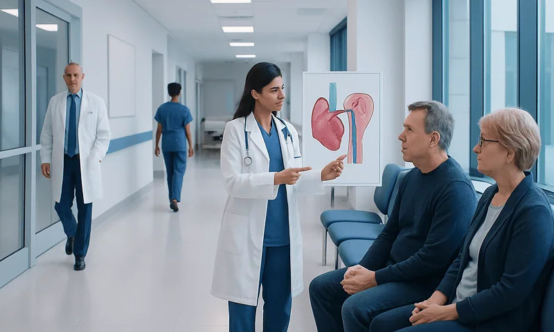 Doctor explaining stomach anatomy to patients in hospital corridor.