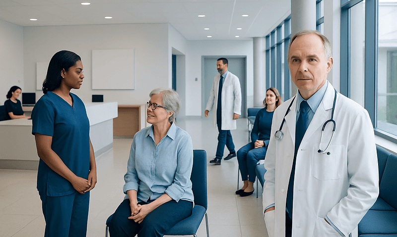 Medical team and patients in a hospital waiting area at Acibadem Hospitals Group.