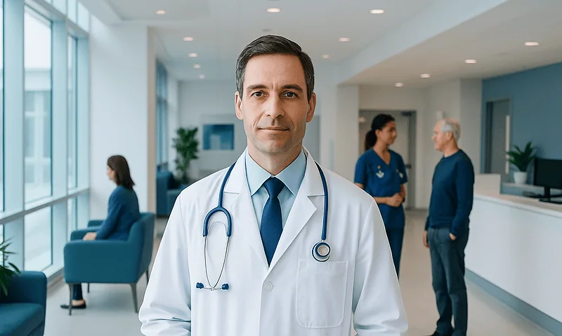 Cognitive neurologist in a hospital lobby with patients and staff.