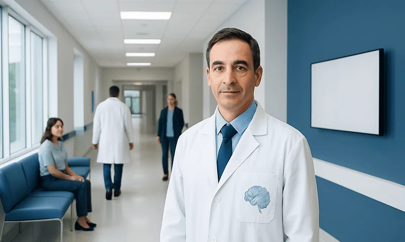 Cognitive neurologist in hospital corridor with patients and staff.