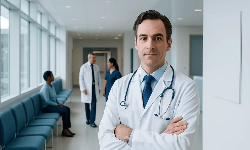 Experienced neurologist in hospital corridor with patients and staff.
