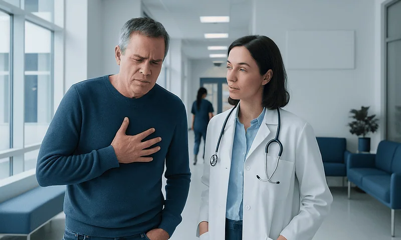 Patient experiencing chest pain during consultation at hospital.