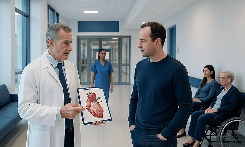 Cardiologist explaining heart diagram to patient in hospital corridor.