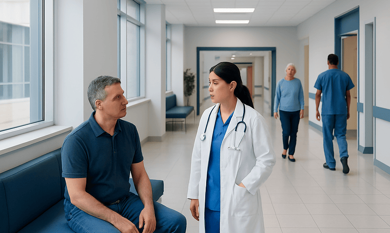 Health Library 4 Doctor consulting with patient in hospital corridor.