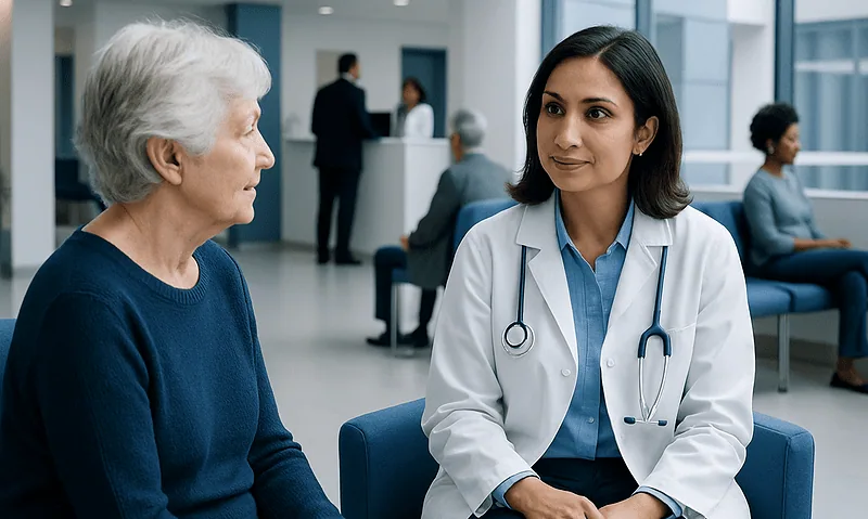 Doctor consulting an elderly patient in a hospital waiting area.