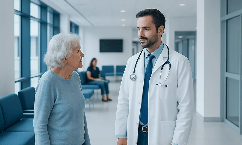 Doctor consulting elderly woman in hospital corridor.