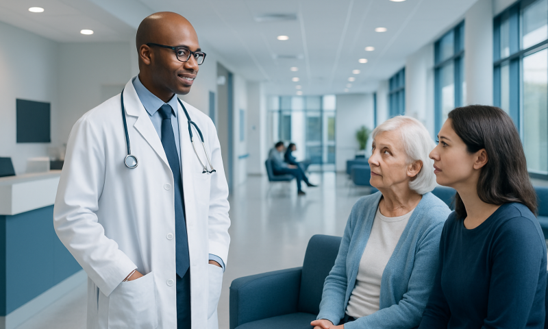 Doctor consulting elderly patient and caregiver in hospital corridor.