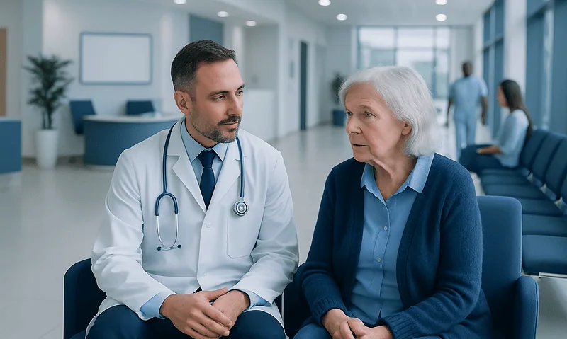 Doctor consulting elderly woman in hospital waiting area.