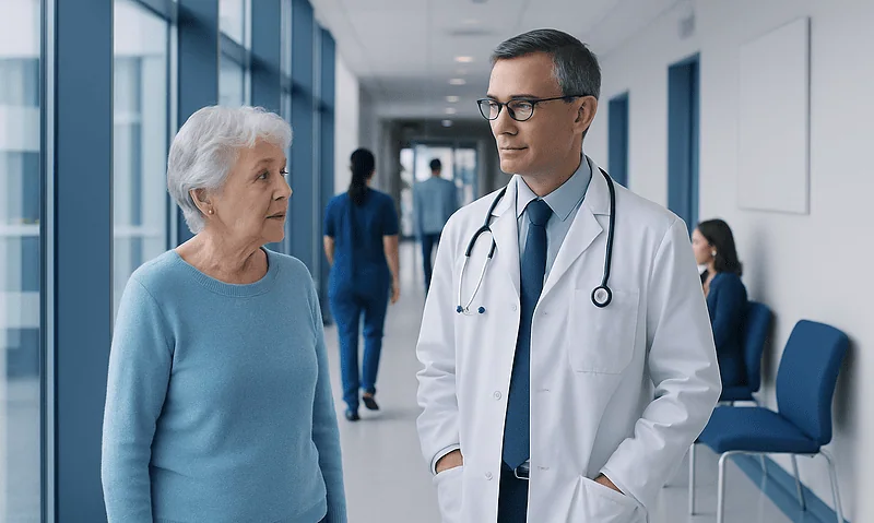 Doctor consulting elderly woman in hospital corridor.