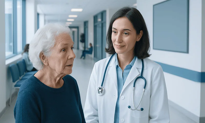 Doctor consulting an elderly patient in a hospital corridor.