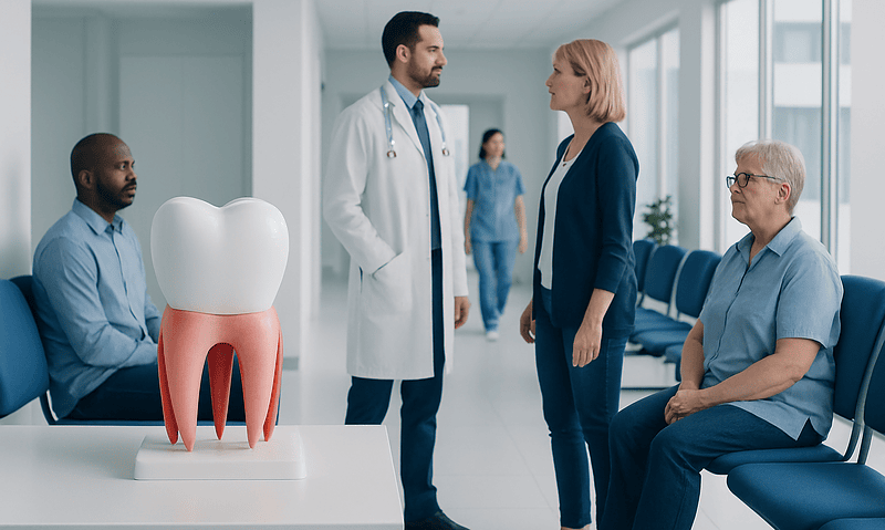 Dentist consulting with patient in a dental clinic with a large tooth model.