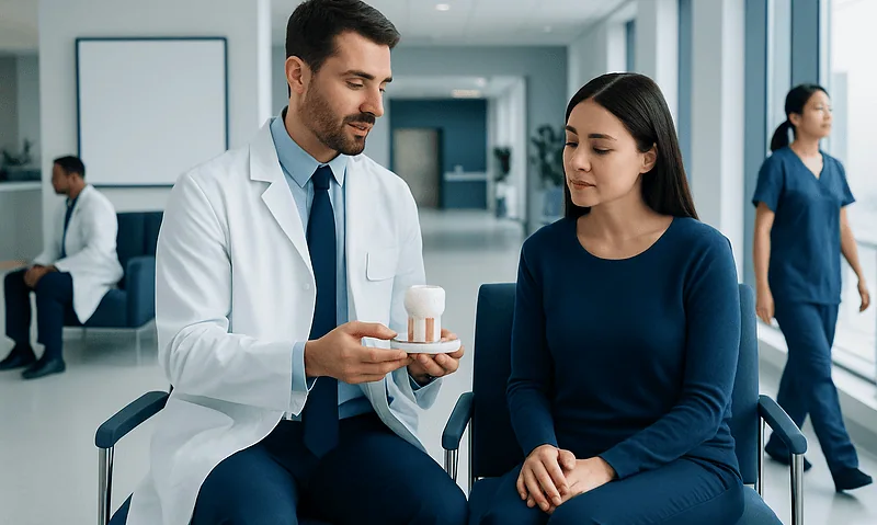 Dentist explaining dental crown options to a patient in a clinic.