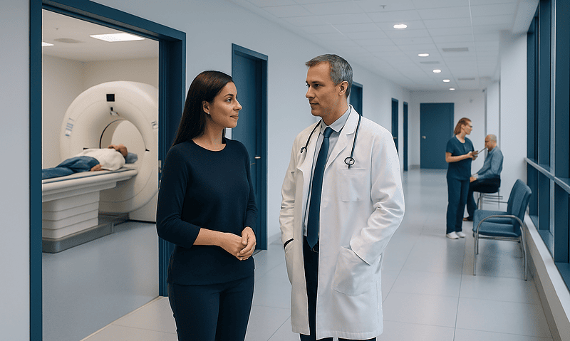 Doctor and patient discussing in hospital corridor near MRI machine.
