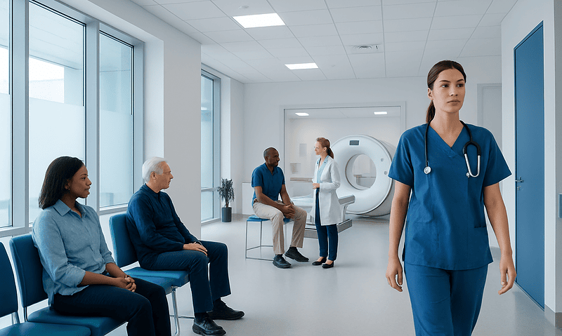Healthcare professionals and patients in a modern hospital waiting area.