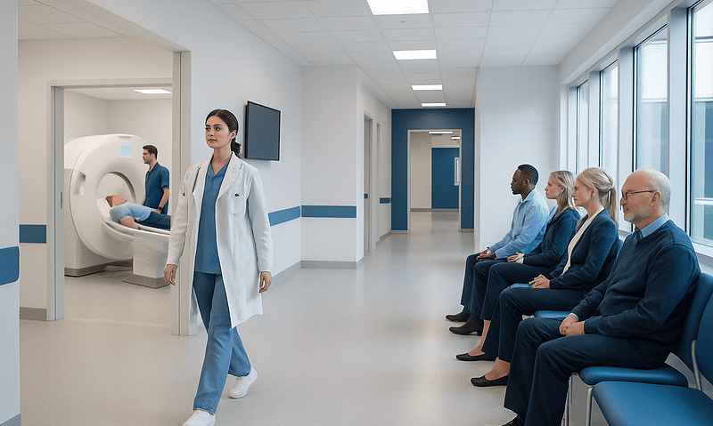 Medical staff preparing for a diagnostic imaging procedure in a hospital.