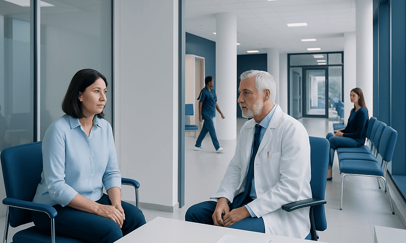 Doctor consulting with a patient in a modern hospital corridor.