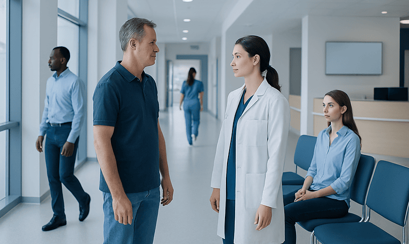 Doctor talking to patient in hospital corridor with waiting area.