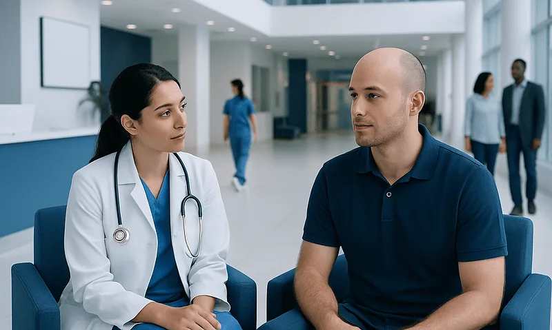 Doctor consulting with male patient in hospital lobby.
