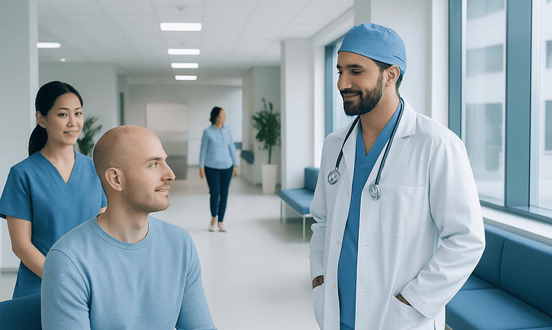 Doctor consulting with patient in a hospital corridor.