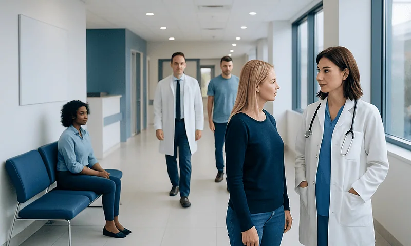Medical professionals and patient in a hospital corridor.