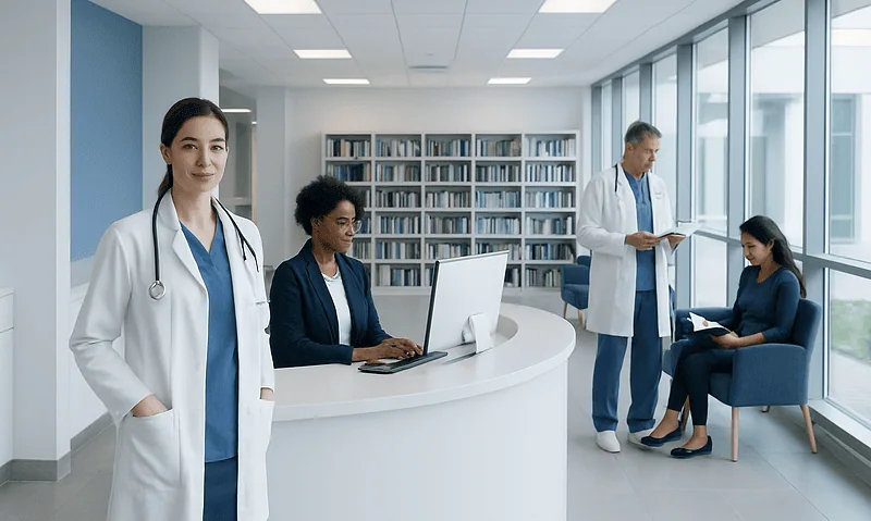 Healthcare professionals in a modern hospital library with books and computers.