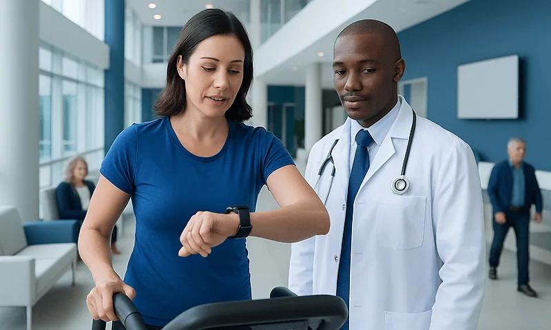 Woman checking her heart rate with a healthcare professional in a hospital.