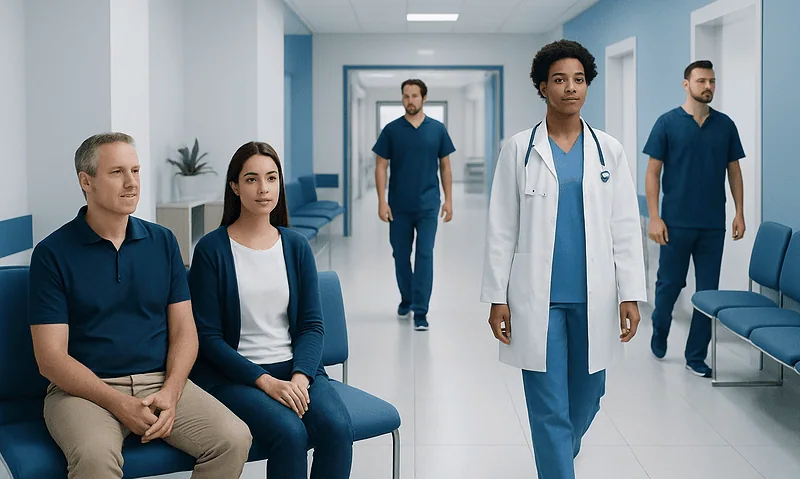 Healthcare professionals and patients in a hospital corridor at Acibadem Hospitals Group.